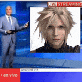 a man in a suit and tie stands in front of a live streaming screen