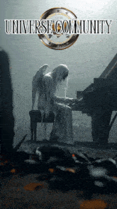 a poster of a ghost playing a piano with the words universe community below it