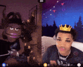a man wearing a crown is next to a woman wearing a puppet face