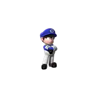 a cartoon character with a hat that has the letter e on it