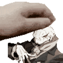 a hand is holding a person 's head in a pixel art style .