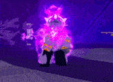 a video game character is being attacked by a purple and pink monster