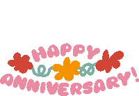 Happy Anniversary Red And Yellow Flowers Between Happy Anniversary In Pink Bubble Letters Sticker - Happy Anniversary Red And Yellow Flowers Between Happy Anniversary In Pink Bubble Letters Anniversary Stickers