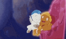 a couple of cartoon characters are hugging each other in a room .