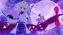 a girl holding a fan stands next to a purple monster with red eyes