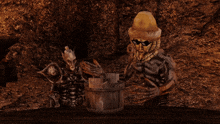 a skeleton wearing sunglasses holds a wooden bucket