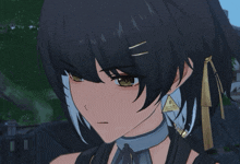 a close up of a girl 's face with a triangle shaped earring