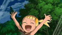 a cartoon girl is flying through the air with her arms in the air .