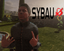 a man is giving the middle finger in front of a sybau logo