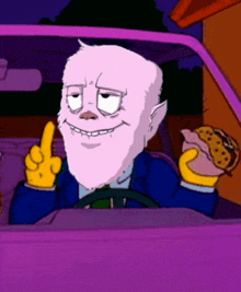 a cartoon character is driving a car while holding a hamburger and giving the middle finger