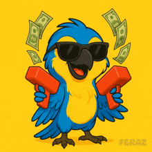 a blue and yellow parrot wearing sunglasses is holding a gun with money falling around it