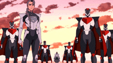 a group of cartoon characters are standing in a line