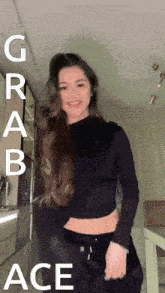 a woman in a black crop top is dancing in a kitchen with the words grab ace on the bottom
