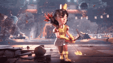 a cartoon character is holding a bow and arrow .