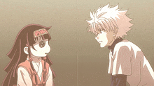 a boy and a girl are looking at each other and the girl has a crown on her head that says " g "