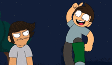 two cartoon characters are standing next to each other with one making a face
