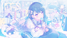 a girl with blue hair holds a stuffed penguin in her hand