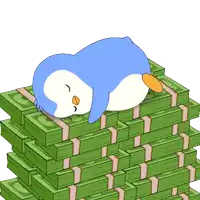 a blue penguin laying on top of a pile of money
