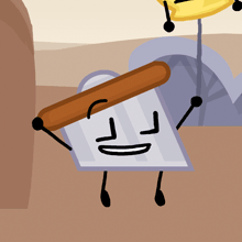 a cartoon character holding a wooden stick with a smiley face on it