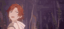 a couple of anime characters standing next to each other on a stage .