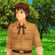 a cartoon character with brown hair and a bow tie stands in a field
