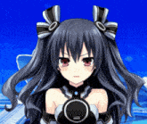 a girl with black hair and red eyes has a circle around her neck