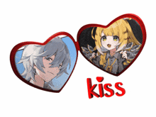 a couple of hearts with a girl and a boy and the word kiss below them