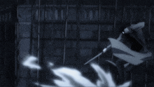 a man in a hooded jacket is holding a sword with his eyes glowing