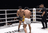 two fighters in a boxing ring with one written on the ropes