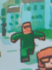 a cartoon drawing of a man in a green outfit running