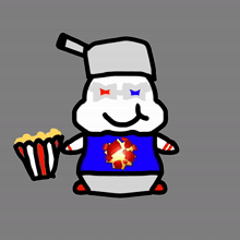 a cartoon drawing of a marshmallow holding a bag of popcorn