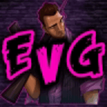 a man is holding a gun in front of a brick wall with the word evg in pink