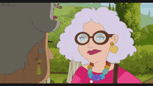 a cartoon drawing of a woman with glasses and a necklace