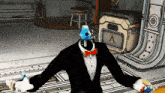 a cartoon character in a tuxedo with a blue cube on his head