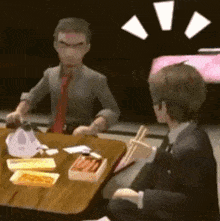 a man in a suit and tie is sitting at a table with a box of food .