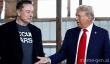 elon musk and donald trump are shaking hands while standing next to each other .
