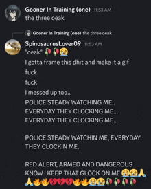 a screenshot of a conversation between gonner in training and spinosauruslover09