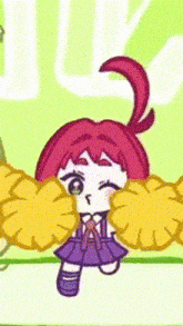 a cartoon girl with red hair is holding cheerleader pom poms in her hands .