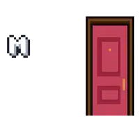 a pixel art drawing of a monster standing in front of a red door with the word monday above it