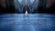 a man with a sword is standing in the middle of a blue room