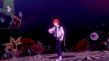 a person walking on a striped floor with a purple shoe
