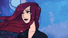 a cartoon drawing of a woman with red hair and blue lips