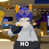 a cartoon character with heart shaped glasses and the word no on the bottom