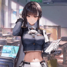 a girl is standing in a classroom holding a book and a badge that says ' military ' on it