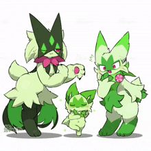 a drawing of three green and white animals with the letter m on their chest