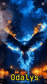a person is standing in front of a blue and orange phoenix flying over a body of water .