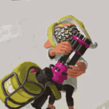 a cartoon character is holding a pink gun in his hand .