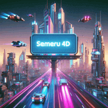 a futuristic city with a billboard that says semeru 4d on it