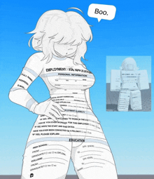 a drawing of a girl with an employment application on her chest