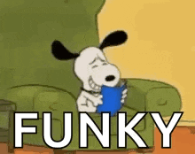 snoopy is sitting in a chair holding a cup of coffee and the word funky is above him .